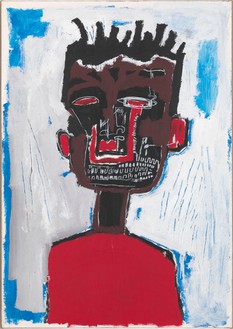 让-米歇尔·巴斯奎特，自画像，1984年，装在画布上的纸丙烯和油棒，38英尺× 28英寸(98.7 × 71.1厘米)