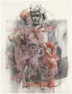 珍妮·萨维尔，研究伊希斯和荷鲁斯，2011年纸上木炭和粉彩，78 × 58¼英寸(198 × 148厘米)©珍妮·萨维尔