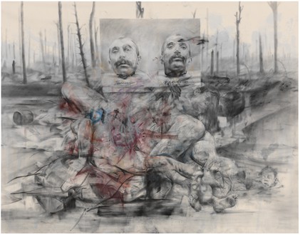 Jenny Saville，《穿梭之声》(Philomela)， 2014-15布面粉彩和木炭，110¼× 141¾英寸(280 × 360厘米)©Jenny Saville