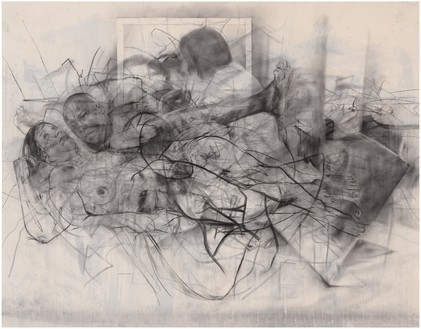 珍妮·萨维尔，在母亲的领域II, 2014布面木炭，106¼× 135 × ×英寸(270 × 345厘米)©珍妮·萨维尔