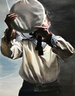 贾爱莉，《戴帽子的男人》，2018布面油画，103⅝英寸× 80英寸(263 × 203厘米)©贾爱莉工作室