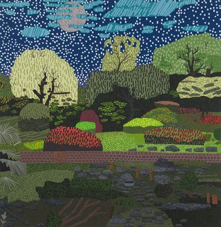 乔纳斯·伍德，月亮和星星的日本花园，2020布面油画和丙烯，72 × 70英寸(182.9 × 177.8厘米)©乔纳斯·伍德