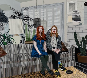 乔纳斯·伍德，莱斯利和迈克尔，2013布面油画和丙烯，80 × 90英寸(203.2 × 228.6厘米)©乔纳斯·伍德