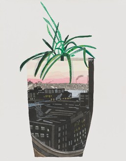 乔纳斯·伍德，海上日落景观壶，2014纸上墨水、水粉和彩色铅笔，28 × 22英寸(71.1 × 55.9厘米)©乔纳斯·伍德