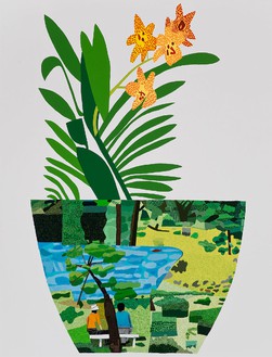 乔纳斯·伍德，黄兰景观壶，2014布面油画和丙烯，118 × 90英寸(299.7 × 228.6厘米)©乔纳斯·伍德