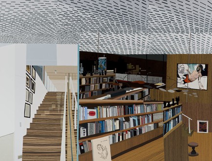 乔纳斯·伍德，奥维茨的图书馆，2013布面油画和丙烯，100 × 132英寸(254 × 335.3厘米)©乔纳斯·伍德