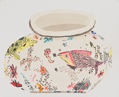 Jonas Wood, Magdalena Suarez Frimkess Pot 1, 2013水粉和彩笔在纸上，9 × 12英寸(25.1 × 30.5厘米)©Jonas Wood