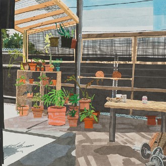 Jonas Wood, Blackwelder Studio外部，2014墨水，水粉，纸上彩色铅笔，26 × 26英寸(66 × 66厘米)©Jonas Wood