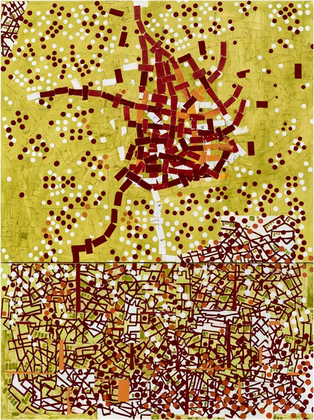 里克·洛，无题，2021画布上的丙烯酸和纸拼贴画，96 × 72英寸(243.8 × 182.9厘米)©里克·洛工作室