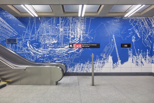 Sarah Sze，景观蓝图，2017年瓷砖，13000平方英尺，第96街纽约地铁站，委托MTA艺术&设计与纽约城市交通©Sarah Sze