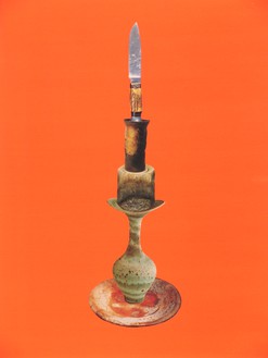 斯特林红宝石，陶器和刀的平衡堆叠，2005年纸上拼贴画，28 × 22½英寸(71.1 × 57.2厘米)©斯特林红宝石