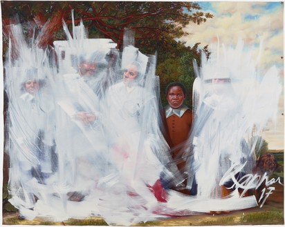 Titus Kaphar，转移凝视，2017布面油画，84 × 108英寸(213.4 × 274.3厘米)，布鲁克林博物馆，纽约©Titus Kaphar。图片来源:Christopher Gardener