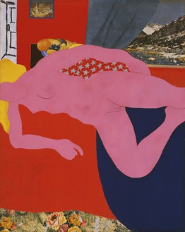 汤姆·威塞尔曼，《伟大的美国裸体#2》，1961年，胶合板上的合成聚合物油漆、石膏、木炭、搪瓷、油和拼贴，59⅝英寸× 47½英寸(151.4 × 120.7厘米)，现代艺术博物馆，纽约©The Estate of Tom Wesselmann/由ARS/VAGA，纽约授权