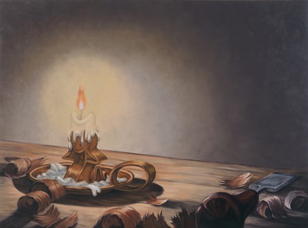 丹·科伦，木工(蜡烛)，2022布面油画，50 × 68英寸(127 × 172.7厘米)©丹·科伦。图片:Rob McKeever
