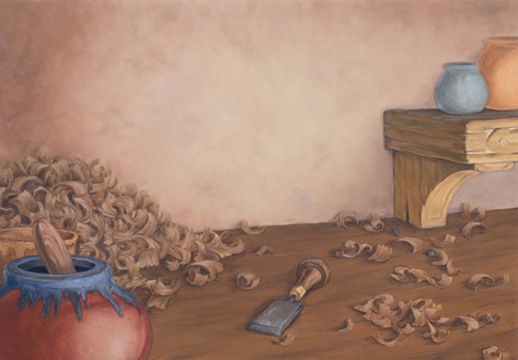 丹·科伦，木工(凿子)，2022布面油画，50 × 72英寸(127 × 182.9厘米)©丹·科伦。图片:Rob McKeever