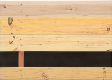 由Ed Ruscha绘制的四幅画，水平的木板钉在较薄的木板条上，沿着木板的左侧垂直延伸