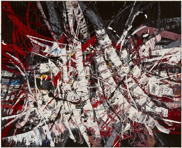 马克·格罗贾恩的抽象油画，在一些被刮掉的深色背景上，用白色和红色颜料重叠的笔触