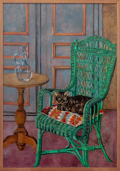 Setsuko，在fauteuil en osier vert上的小屋，1996-97布面水粉，45½× 31½英寸(115.5 × 80厘米)©Setsuko。图片:Zarko Vijatovic
