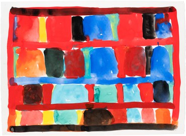 斯坦利·惠特尼用水粉制成的纸上抽象作品，具有各种明亮颜色的矩形形状