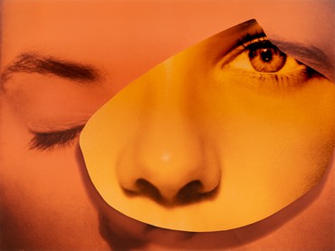 画的特点是一个女人的眼睛，闭着一只眼睛，鼻子，橙色调