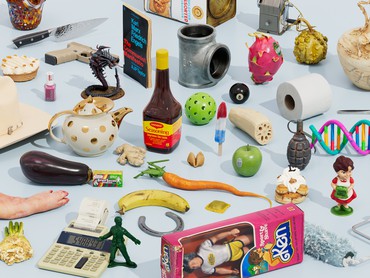 各种各样的物品，包括肯娃娃、卫生纸和八个球，这些都是乌尔斯·费舍尔(Urs Fischer)的CHAOS系列中1000个数字物体的一部分