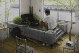 石田哲也，《无题》，2001，布面丙烯，51¼× 76 8 / 8英寸(130.3 × 194 cm)