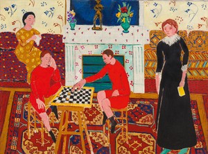 亨利·马蒂斯，《画家的家庭》，1911年，布面油画，描绘了客厅里两个穿红衣服的男孩下棋的场景