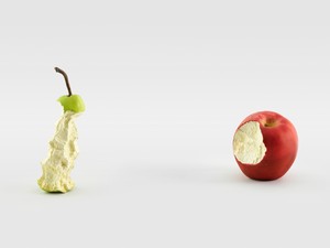 乌尔斯·费舍尔，a - z, 2019，一个梨和苹果的雕塑。